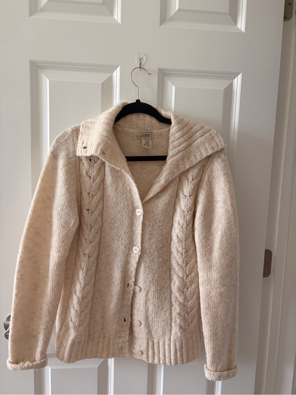 L.L. Bean Cream Cable Shawl-Collar Button Cardigan